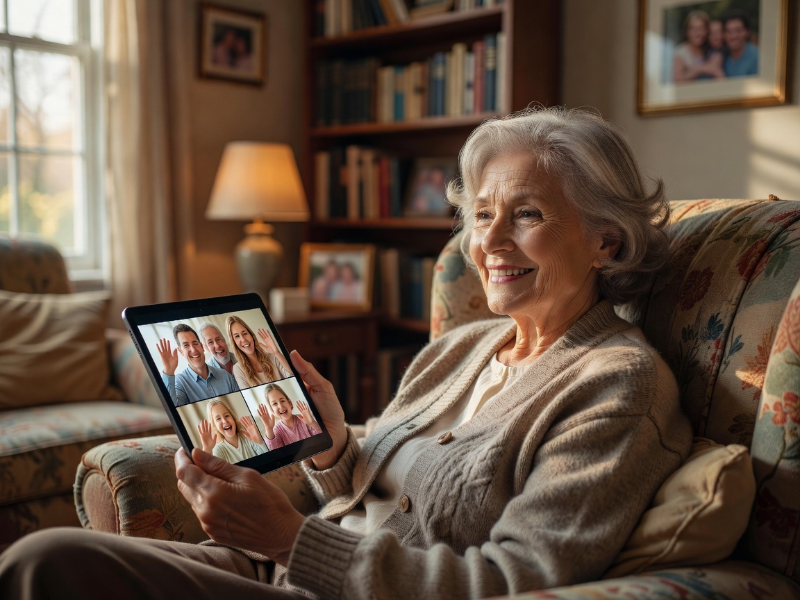 Grandmother smiling during a video call with her family on a tablet in her living room