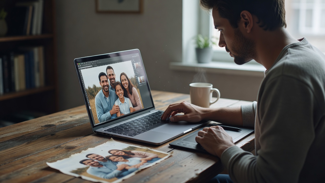 Person retouching a family photograph on a laptop at a desk lit by daylight