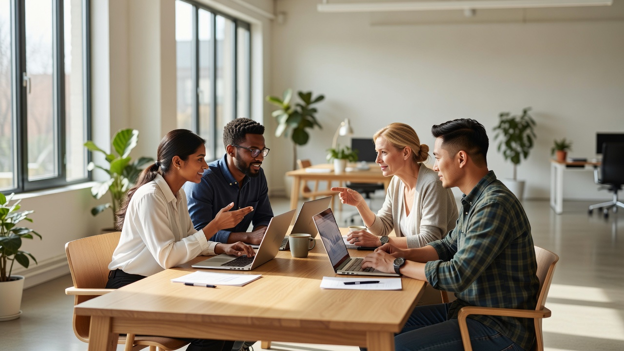 Small editorial team meeting around laptops at a shared table in a bright office