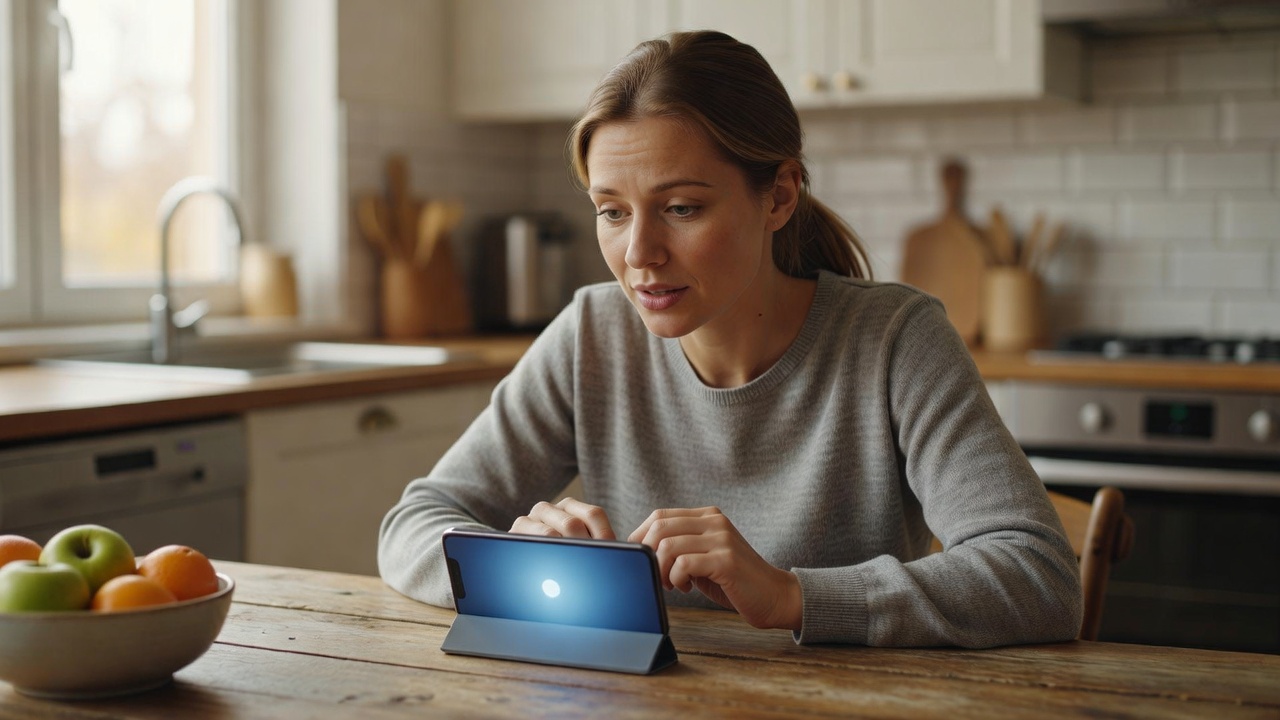 Woman asking a question to the voice assistant on her phone while sitting at a kitchen table