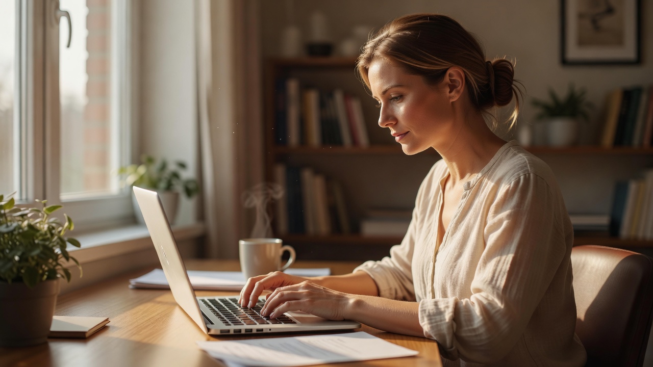 Woman typing an email on her laptop in a home office by a sunny window